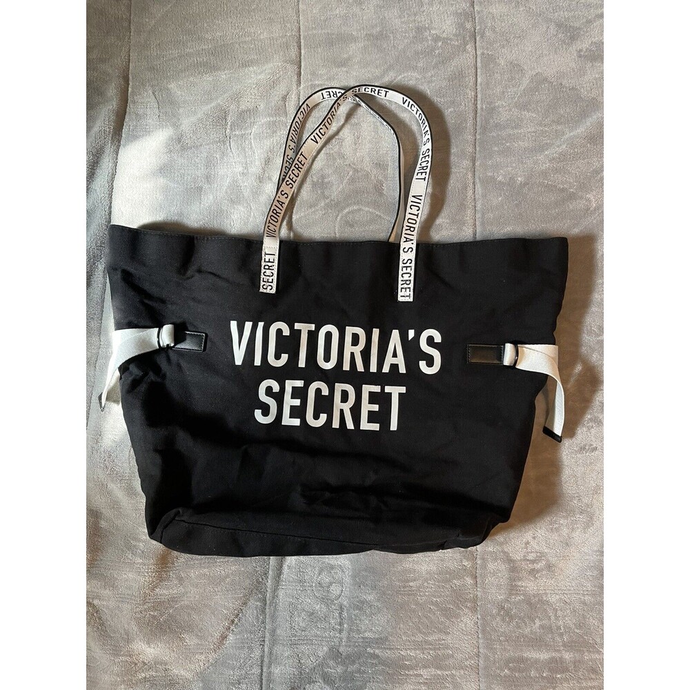 Victoria’s Secret Large Tote Bag Black Logo Nylon Shoulder Travel Gym Beach Bag